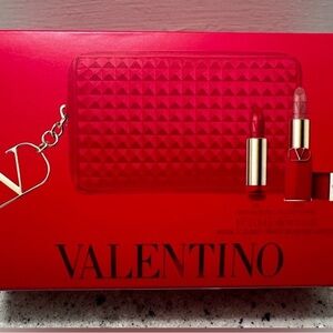 Valentino Red Studded Cosmetic Pouch with Lipstick Duo